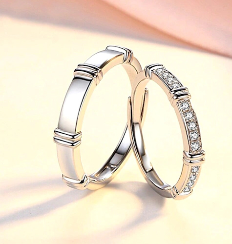 92.5 Sterling Silver Silver-Plated Crystal-Studded Couple Adjustable Finger Ring